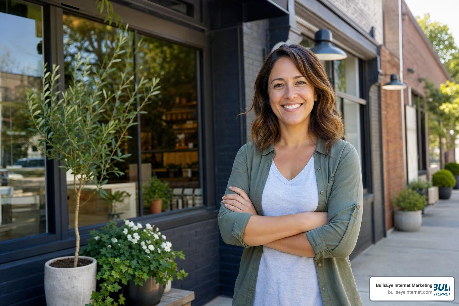 Successful business owner smiling in front of a growing local business storefront