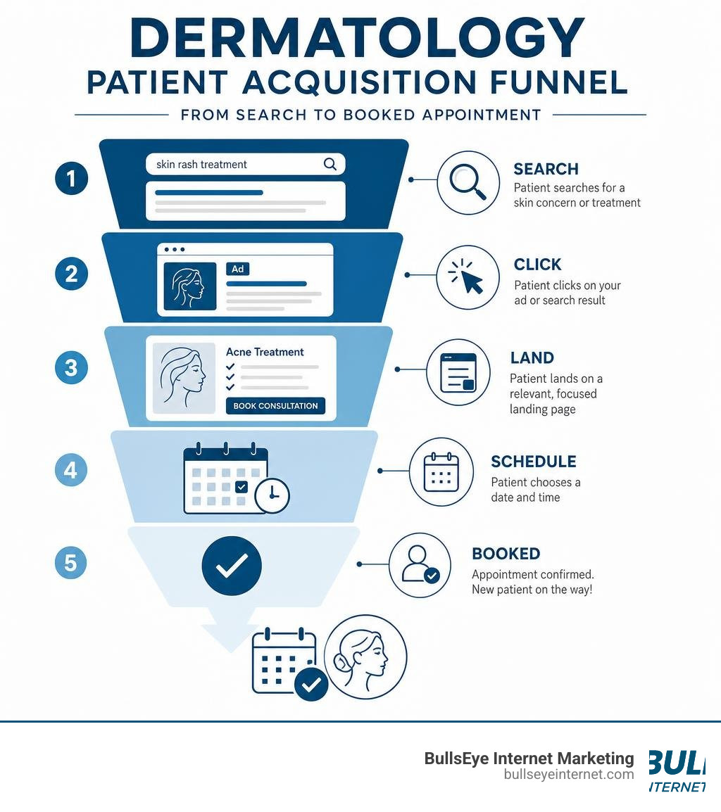Dermatology patient acquisition funnel from search to booked appointment infographic Dermatology patient acquisition funnel from search to booked appointment infographic