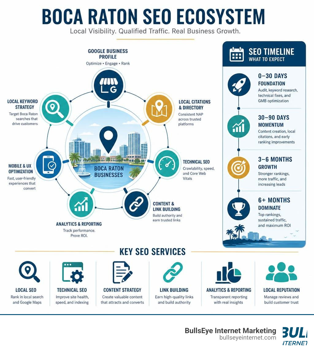 Boca Raton SEO ecosystem infographic showing local SEO components, timelines, and key services infographic