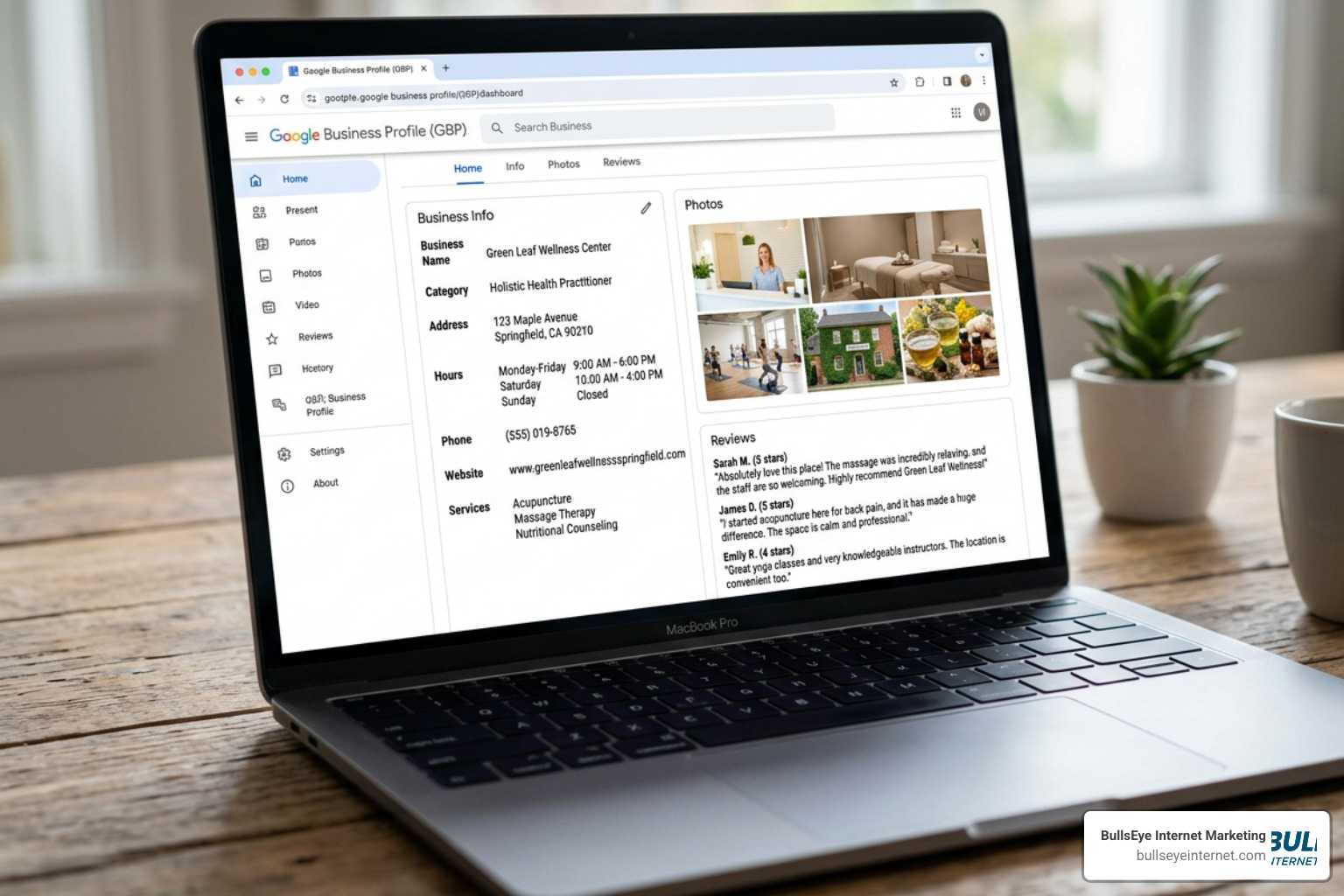 Optimized Google Business Profile dashboard showing complete business info, high-quality photos, and customer reviews