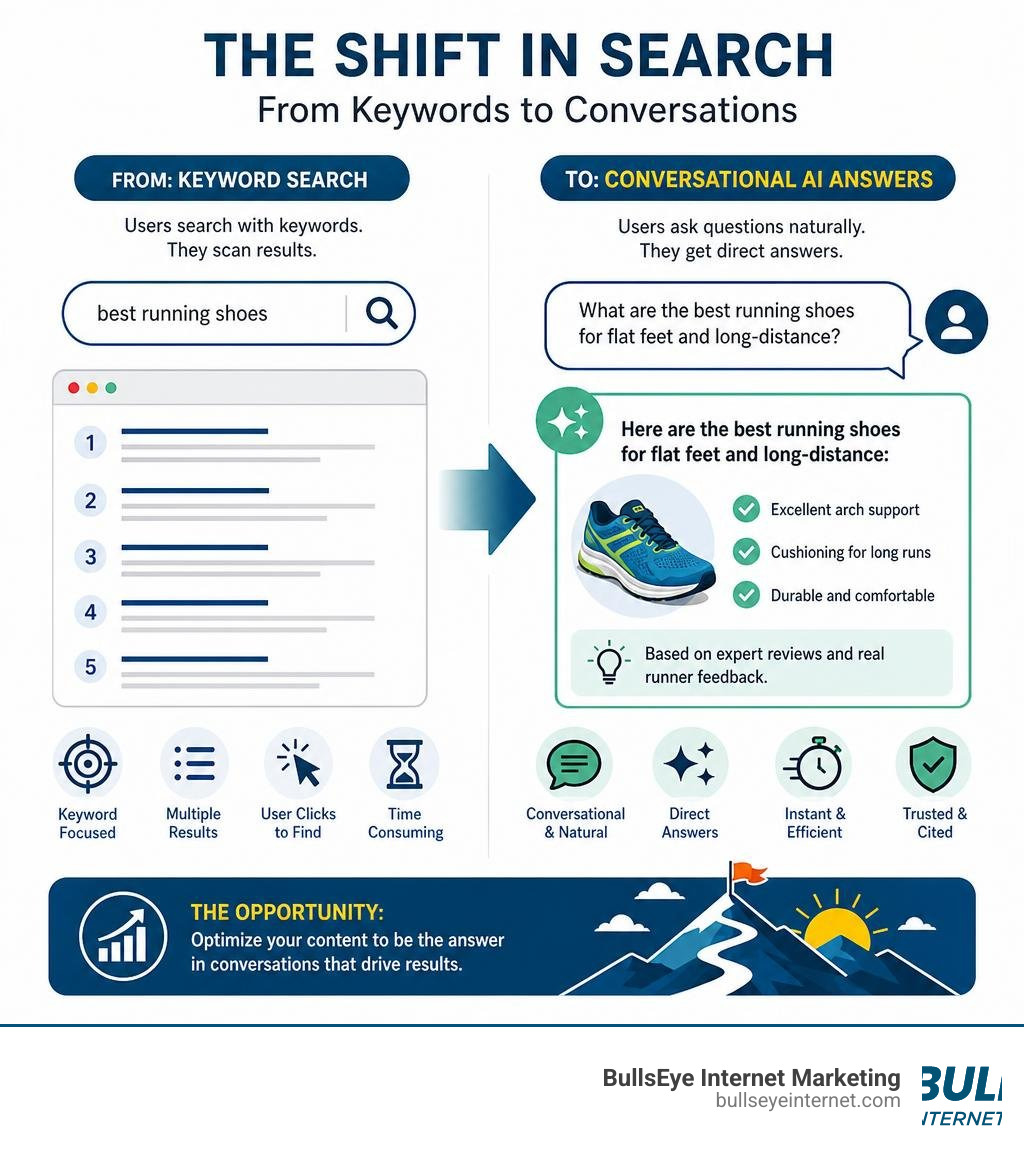 Infographic showing the shift from keyword-based search to conversational AI-driven answers infographic