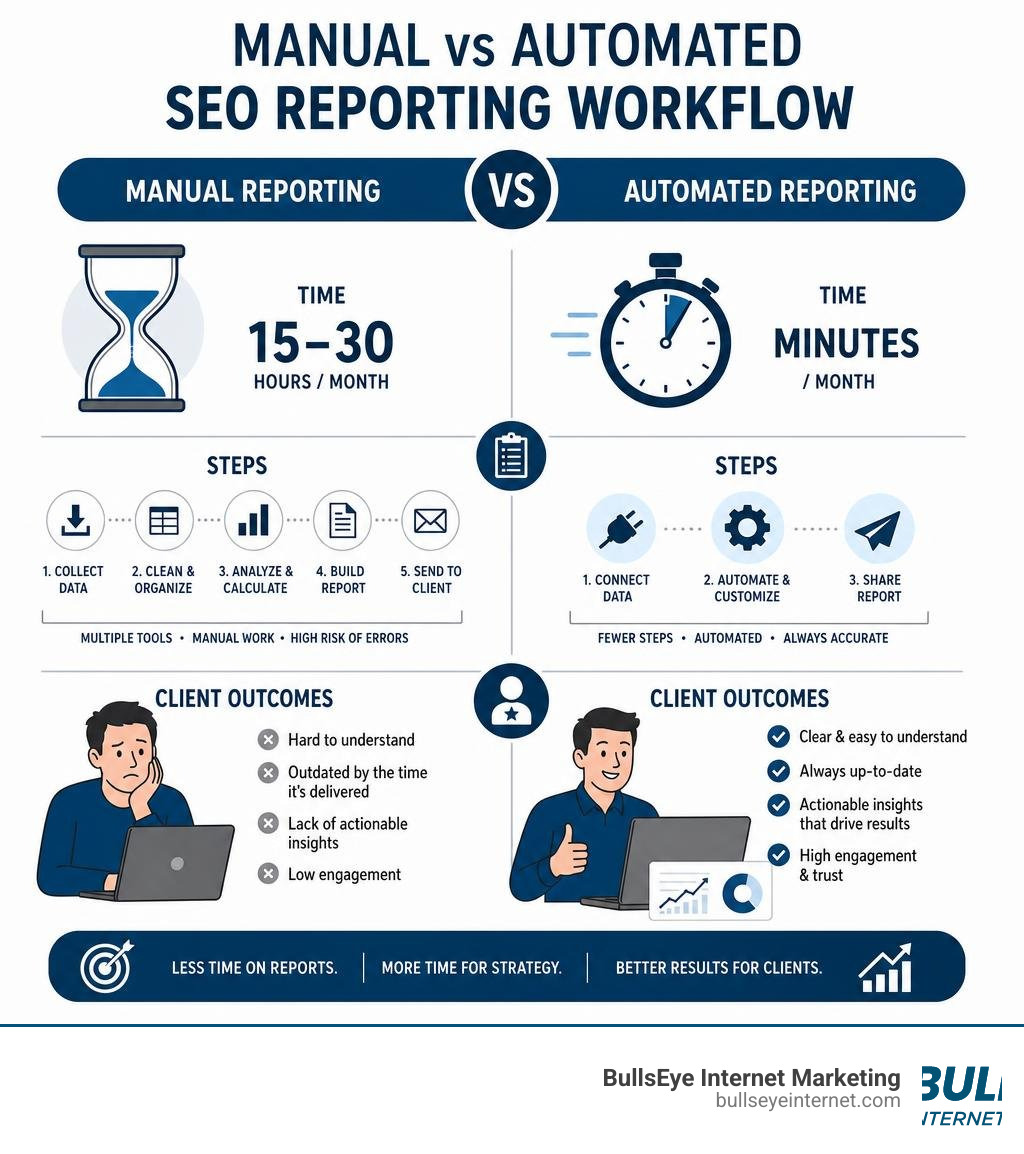 Manual vs automated SEO reporting workflow infographic comparing time, steps, and client outcomes infographic