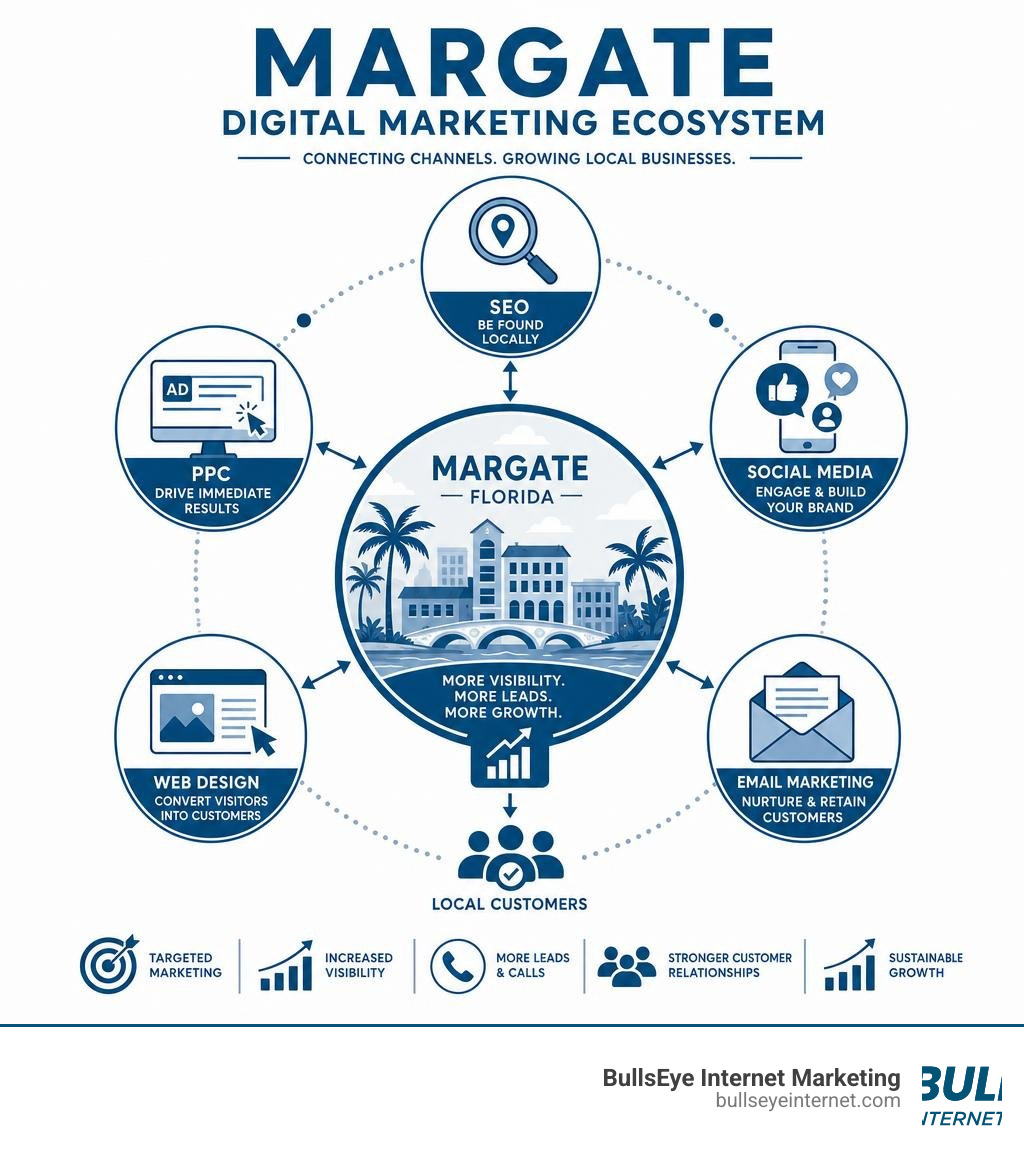 Margate digital marketing ecosystem infographic showing SEO, PPC, social media, web design, and email marketing channels