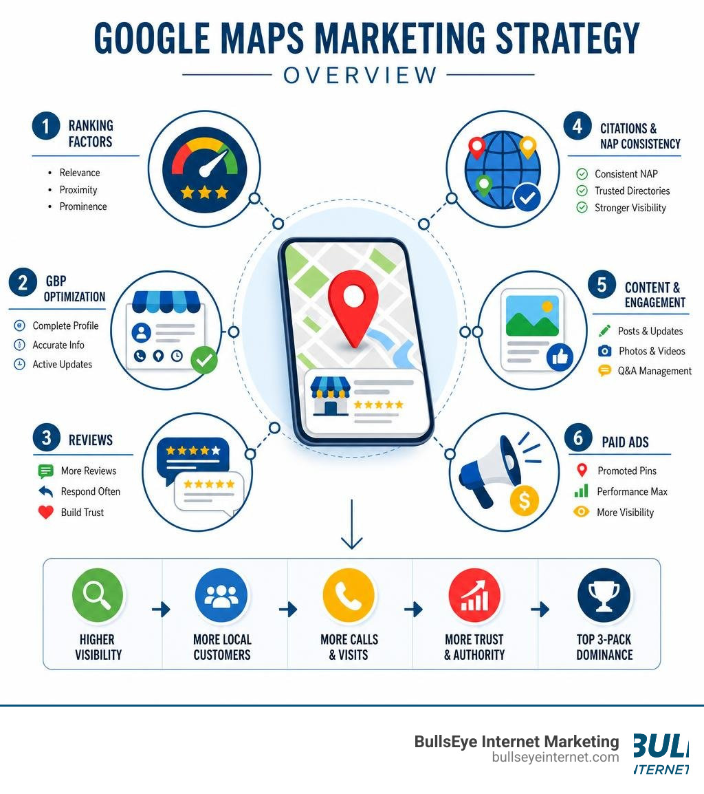 Google Maps marketing strategy overview: ranking factors, GBP optimization, reviews, citations, and paid ads infographic