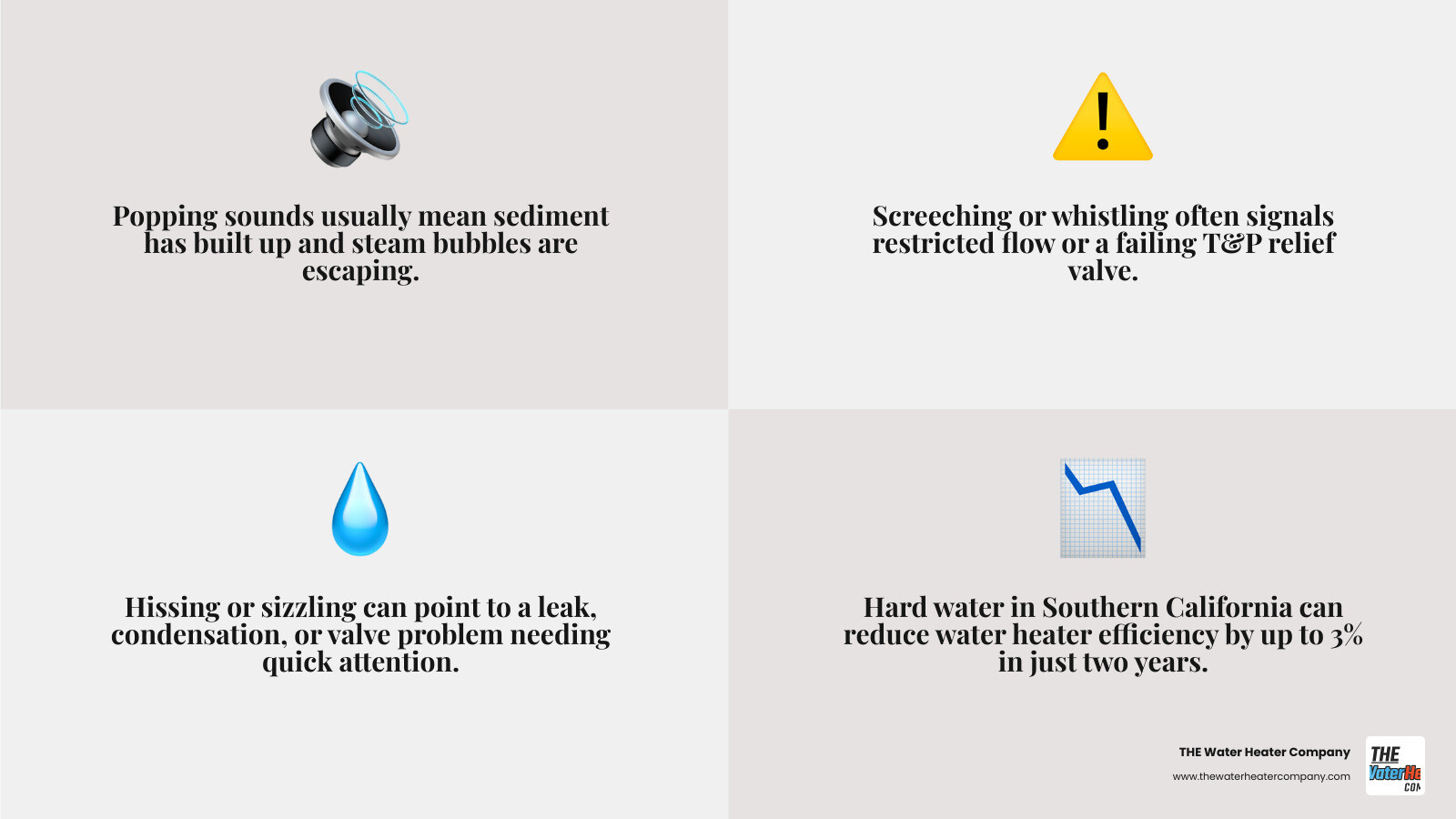 Infographic showing common water heater noises, their causes, and urgency levels for Southern California homeowners Infographic showing common water heater noises, their causes, and urgency levels for Southern California homeowners