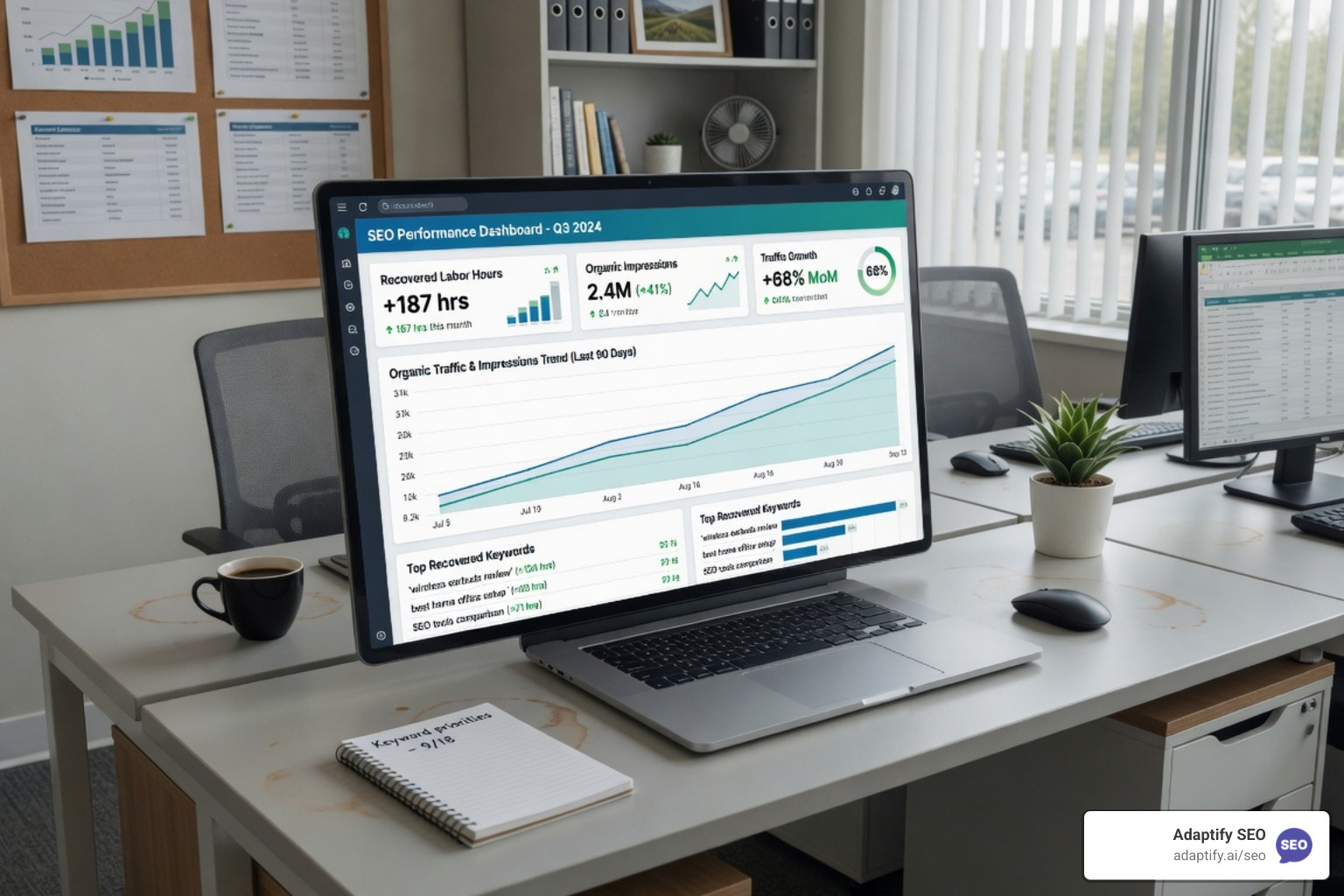 Automated SEO dashboard showing recovered labor hours, organic impressions, and traffic growth