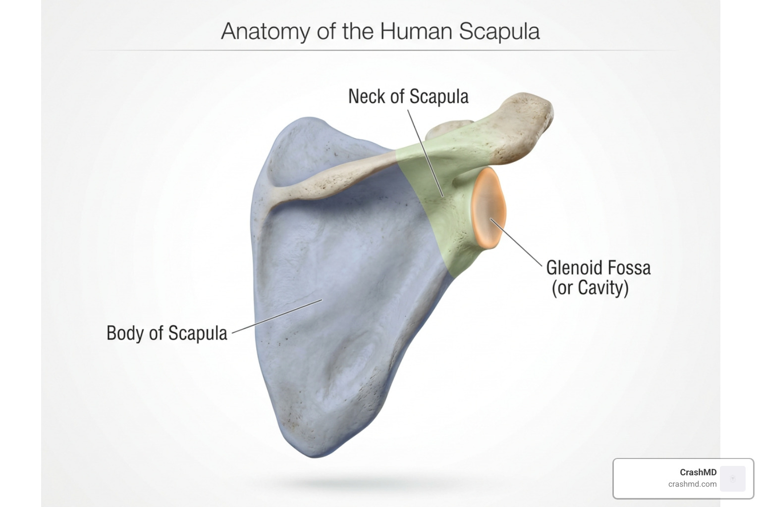 Detailed anatomy diagram of the scapula showing the body, neck, and glenoid Detailed anatomy diagram of the scapula showing the body, neck, and glenoid