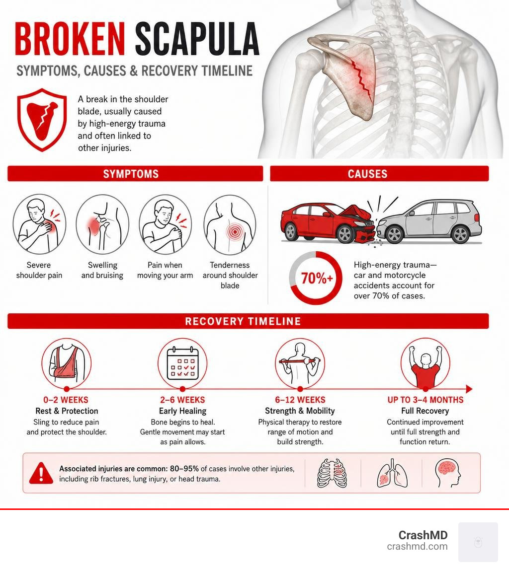 Infographic showing broken scapula symptoms, causes, and recovery timeline infographic Infographic showing broken scapula symptoms, causes, and recovery timeline infographic