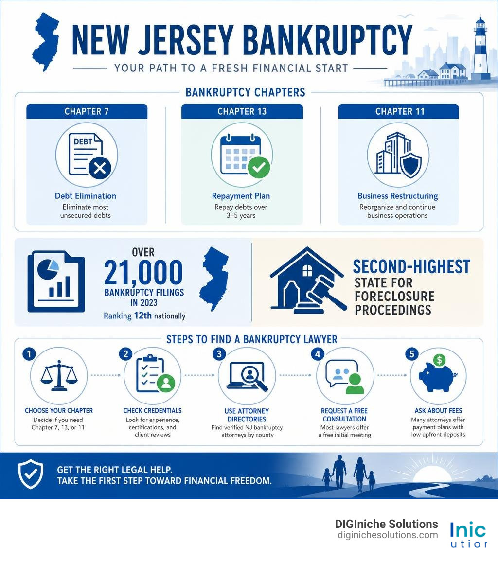 Infographic showing New Jersey bankruptcy chapters, filing statistics, foreclosure rate ranking, and steps to find a