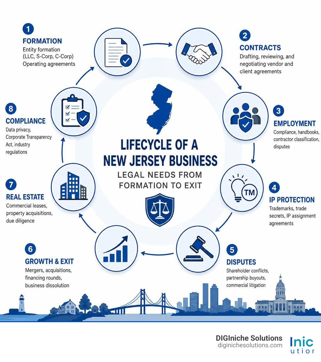 Lifecycle of a New Jersey business and its legal needs from formation to exit infographic Lifecycle of a New Jersey business and its legal needs from formation to exit infographic