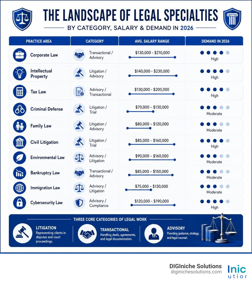 Infographic showing landscape of legal specialties by category, salary, and demand in 2026 infographic Infographic showing landscape of legal specialties by category, salary, and demand in 2026 infographic