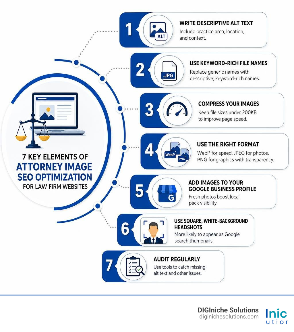 Infographic showing the 7 key elements of attorney image SEO optimization for law firm websites infographic Infographic showing the 7 key elements of attorney image SEO optimization for law firm websites infographic