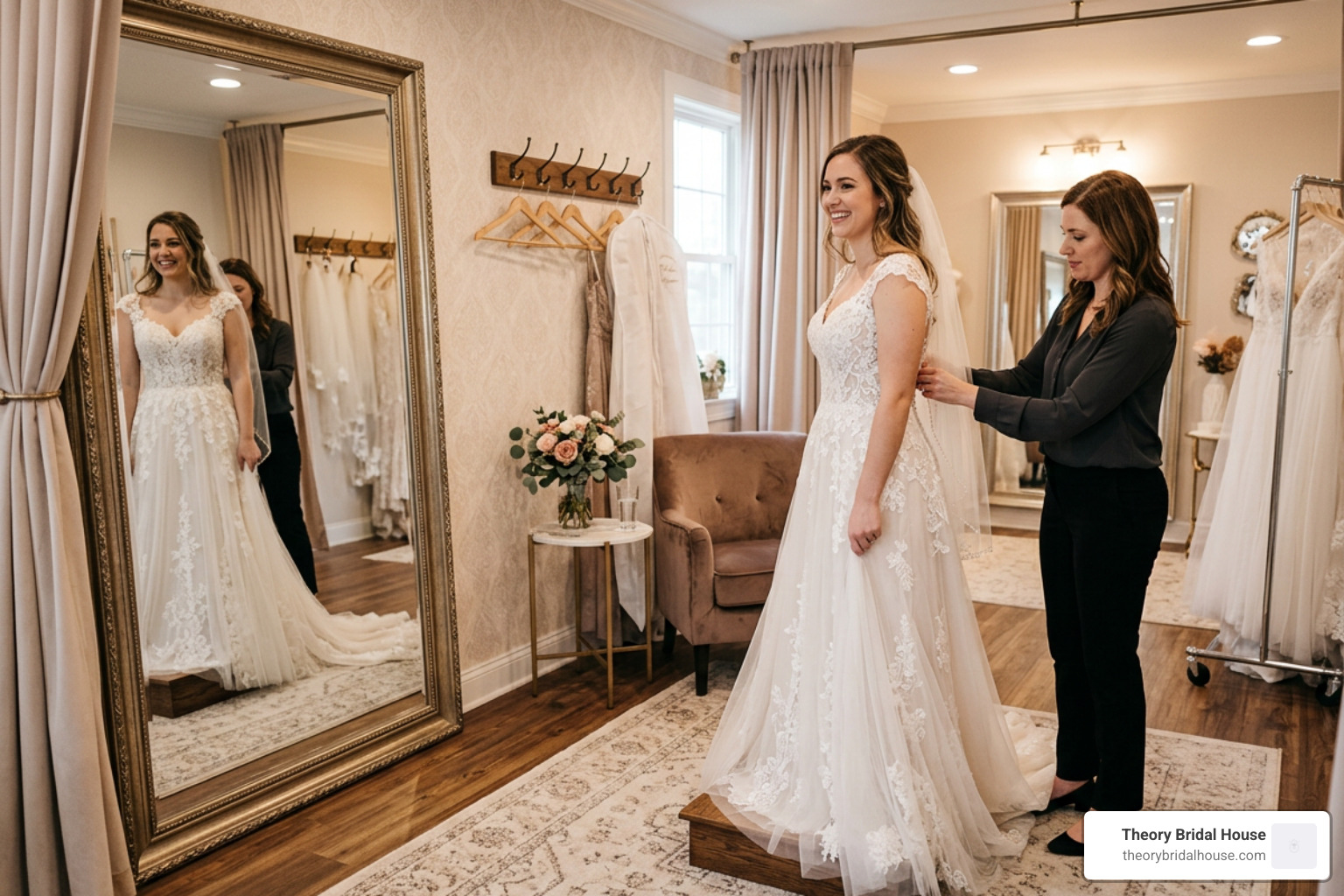Bride trying on a gown in a private fitting room
