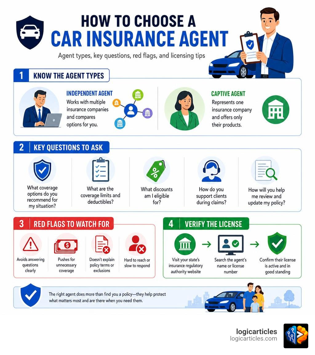 Infographic: How to choose a car insurance agent — agent types, key questions, red flags, and licensing tips infographic Infographic: How to choose a car insurance agent — agent types, key questions, red flags, and licensing tips infographic