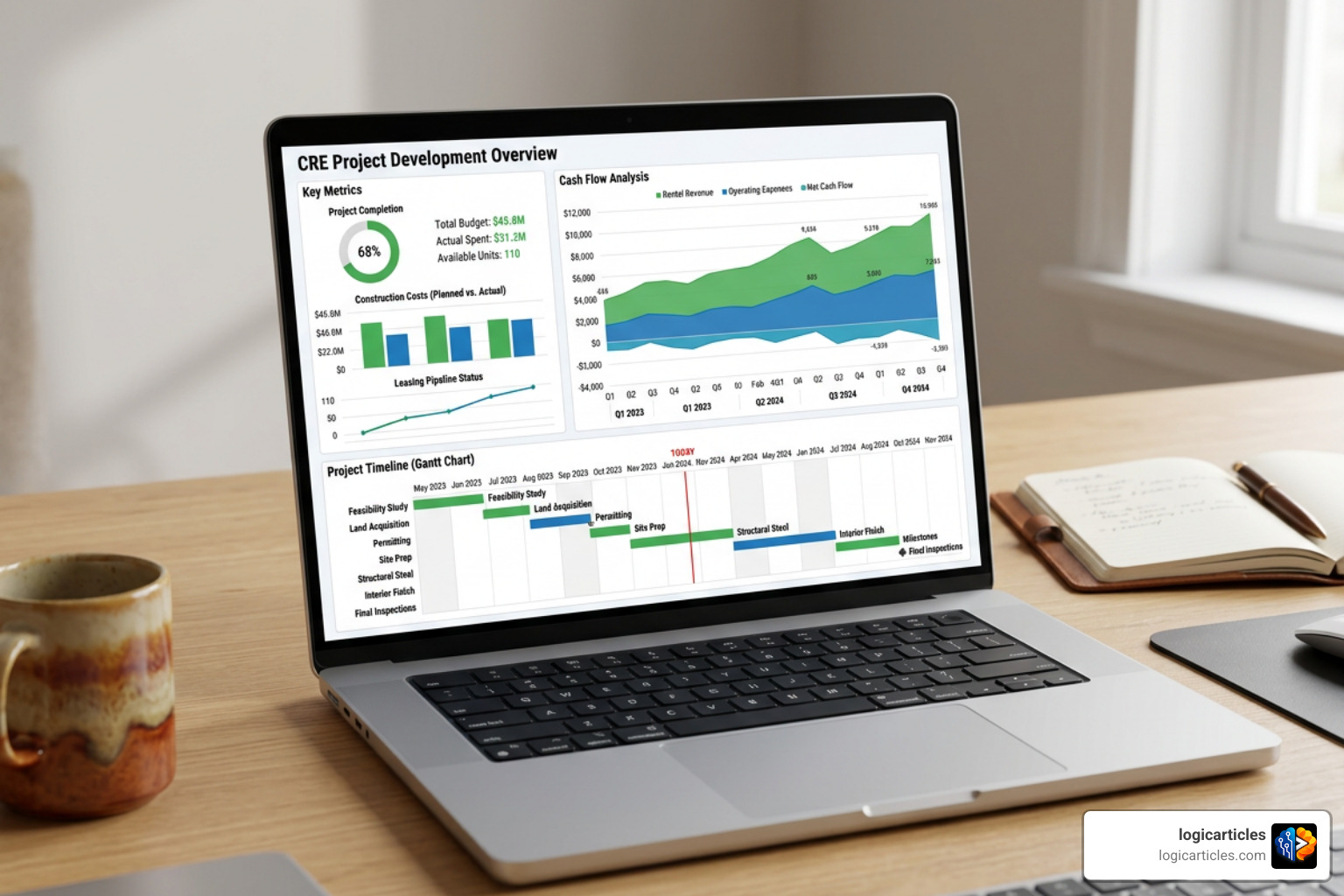 Dashboard showing commercial real estate development metrics, cash flow, and timeline Dashboard showing commercial real estate development metrics, cash flow, and timeline