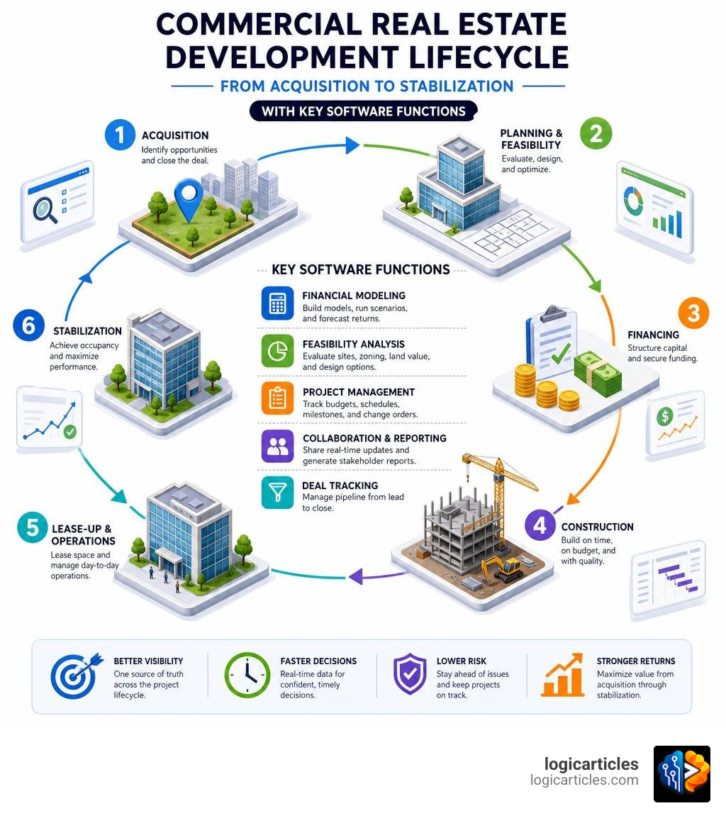 Commercial real estate development lifecycle from acquisition to stabilization with key software functions infographic Commercial real estate development lifecycle from acquisition to stabilization with key software functions infographic