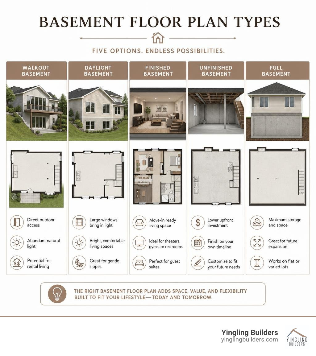 Infographic showing basement floor plan types: walkout, daylight, finished, unfinished, and full basement with key features
