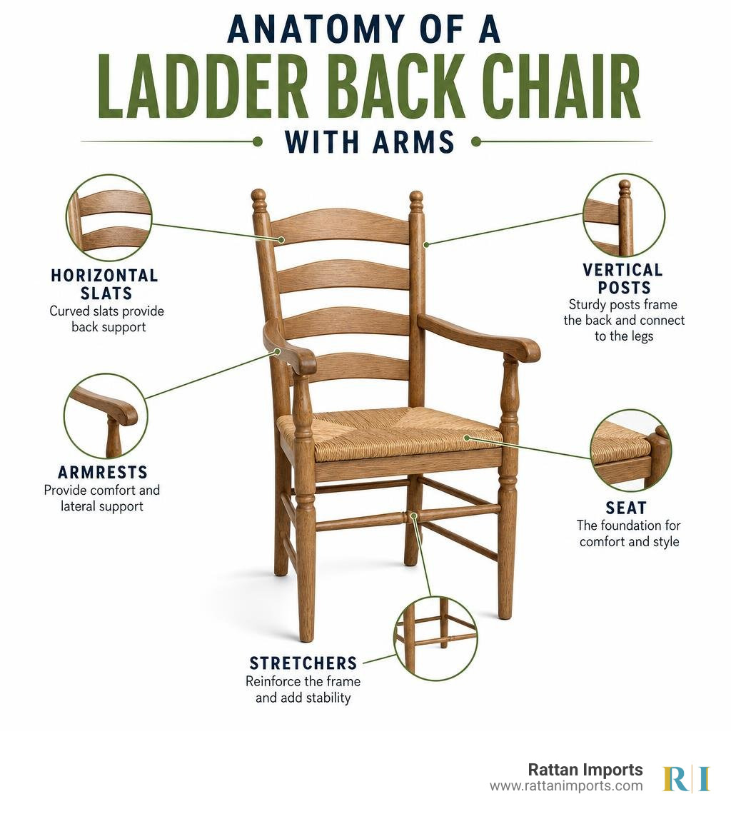 Infographic showing anatomy of a ladder back chair with arms: horizontal slats, armrests, vertical posts, seat, stretchers