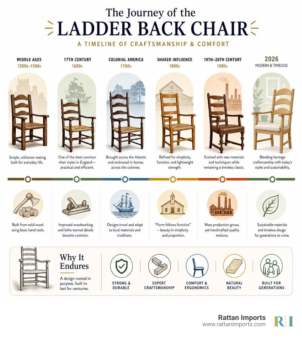 Infographic showing historical timeline of the ladder back chair from Middle Ages to 2026 infographic