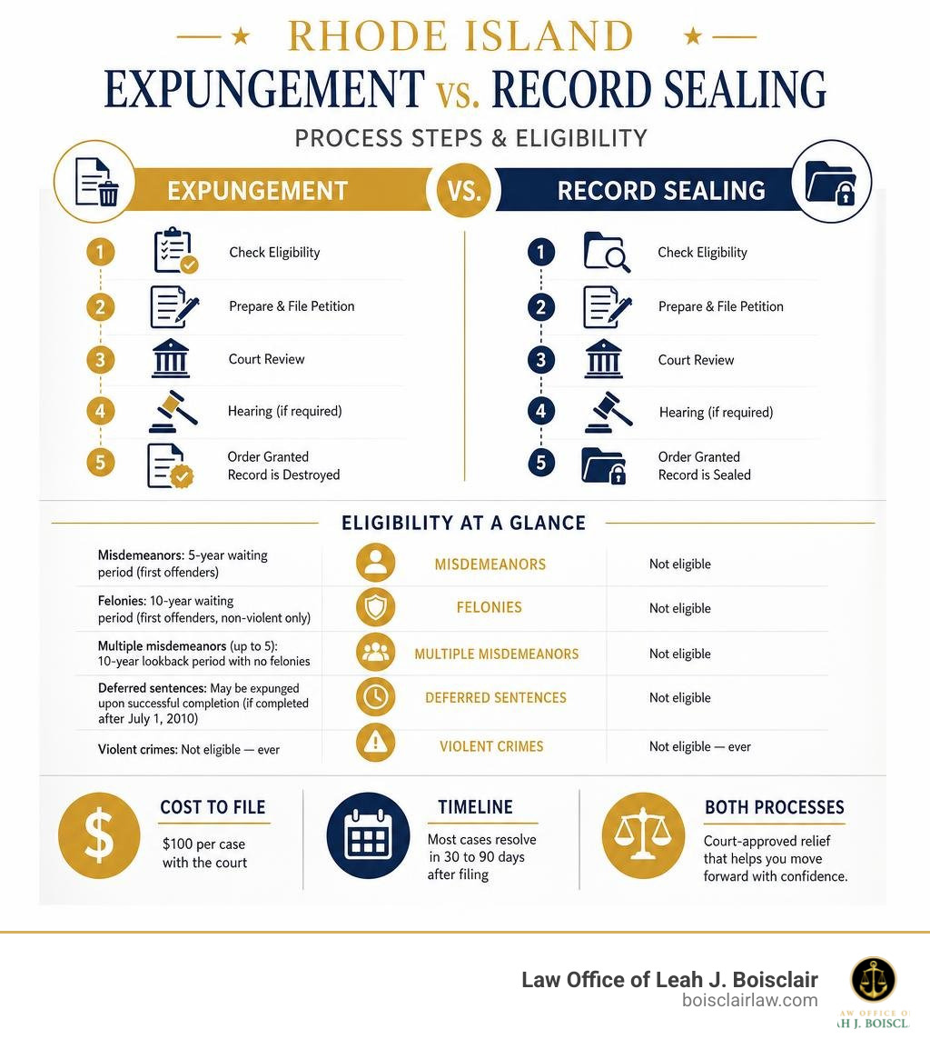 Infographic comparing Rhode Island expungement vs. record sealing process steps and eligibility infographic