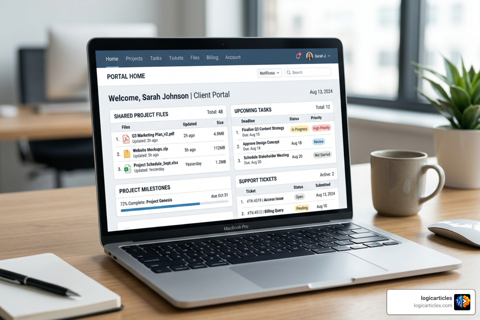 Branded client portal interface showing shared files, tasks, and support tickets Branded client portal interface showing shared files, tasks, and support tickets