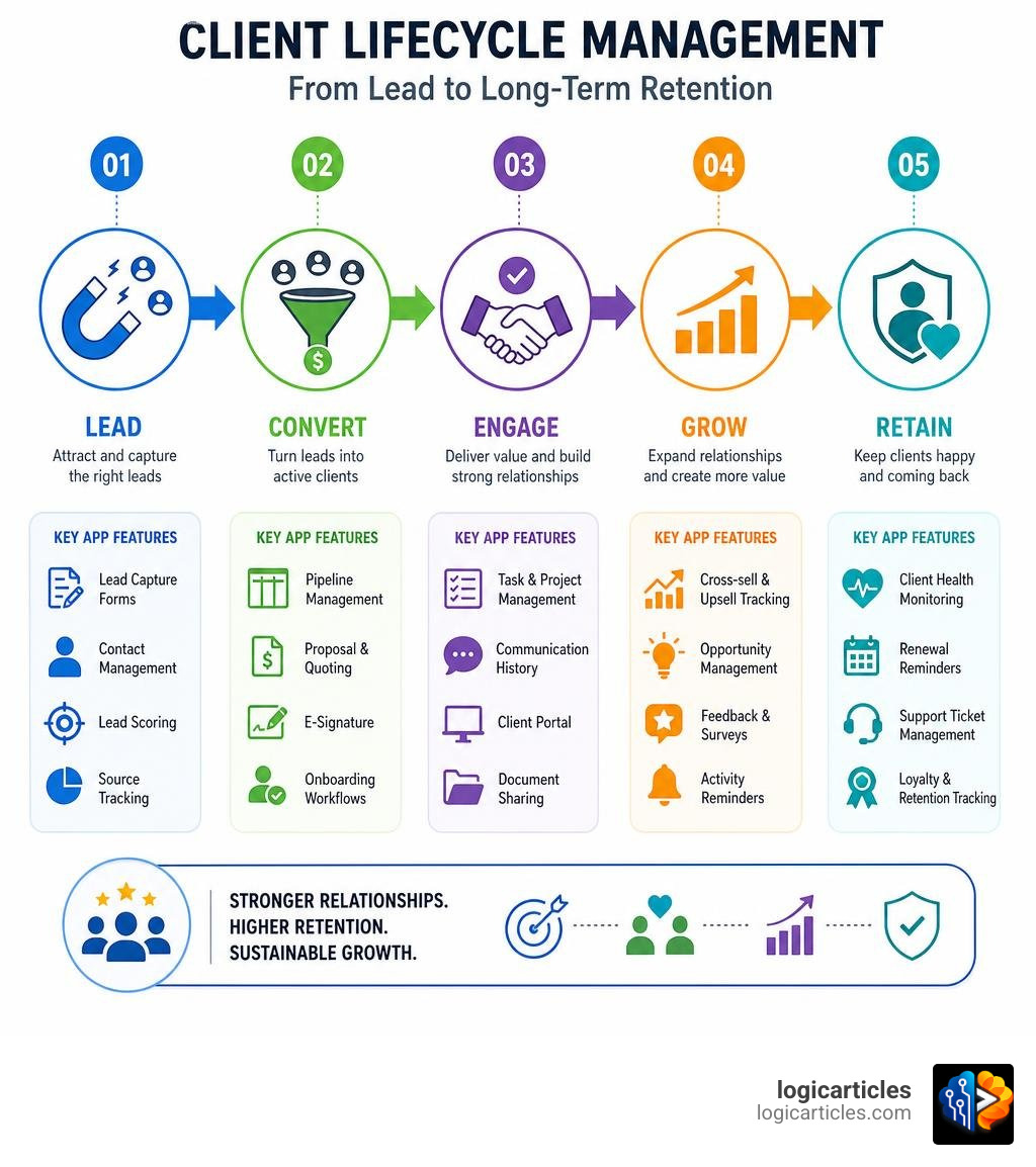 Client lifecycle management infographic: lead to retention stages with key app features at each step infographic Client lifecycle management infographic: lead to retention stages with key app features at each step infographic