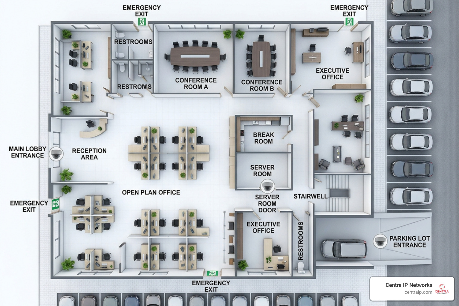 Office floor plan camera layout showing strategic placement at main lobby, emergency exits, server room, and parking lot Office floor plan camera layout showing strategic placement at main lobby, emergency exits, server room, and parking lot