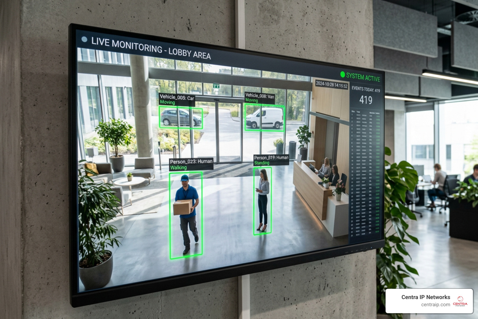 AI motion detection interface showing real-time classification of humans and vehicles with green bounding boxes in an office AI motion detection interface showing real-time classification of humans and vehicles with green bounding boxes in an office