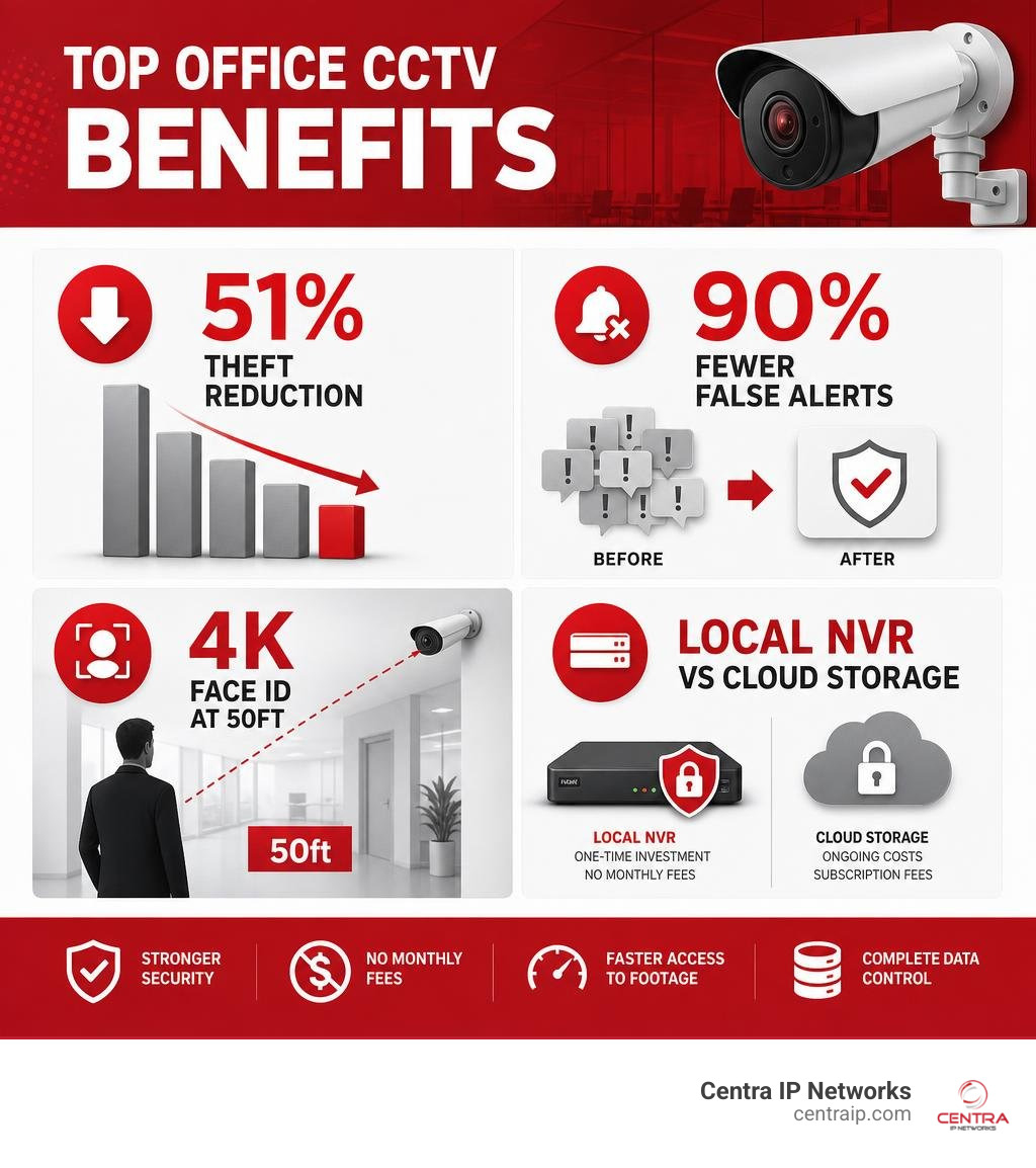 Infographic showing top office CCTV benefits: 51% theft reduction, 90% fewer false alerts, 4K face ID at 50ft, local NVR vs Infographic showing top office CCTV benefits: 51% theft reduction, 90% fewer false alerts, 4K face ID at 50ft, local NVR vs