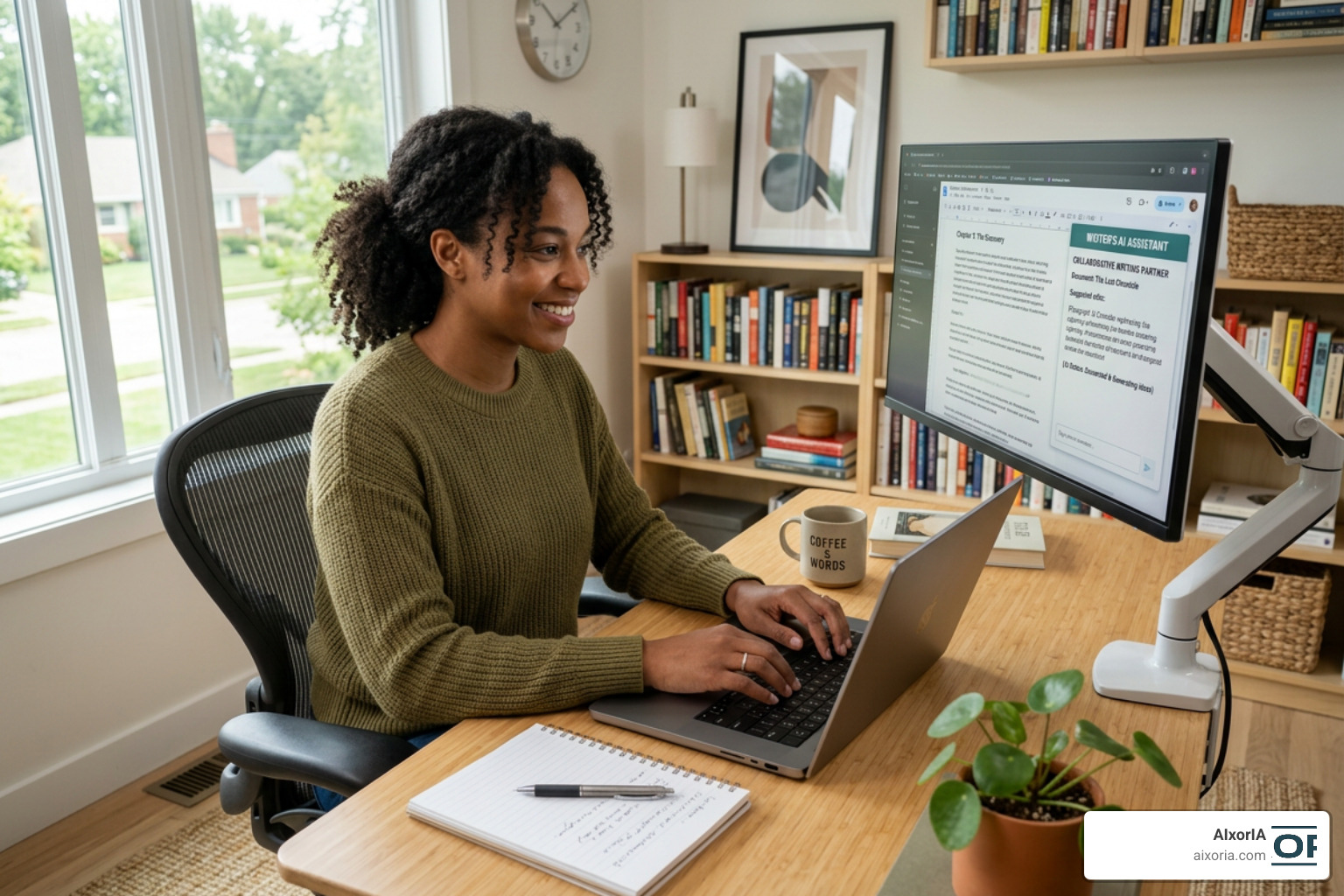 AI content writing workspace with writer and AI assistant collaborating