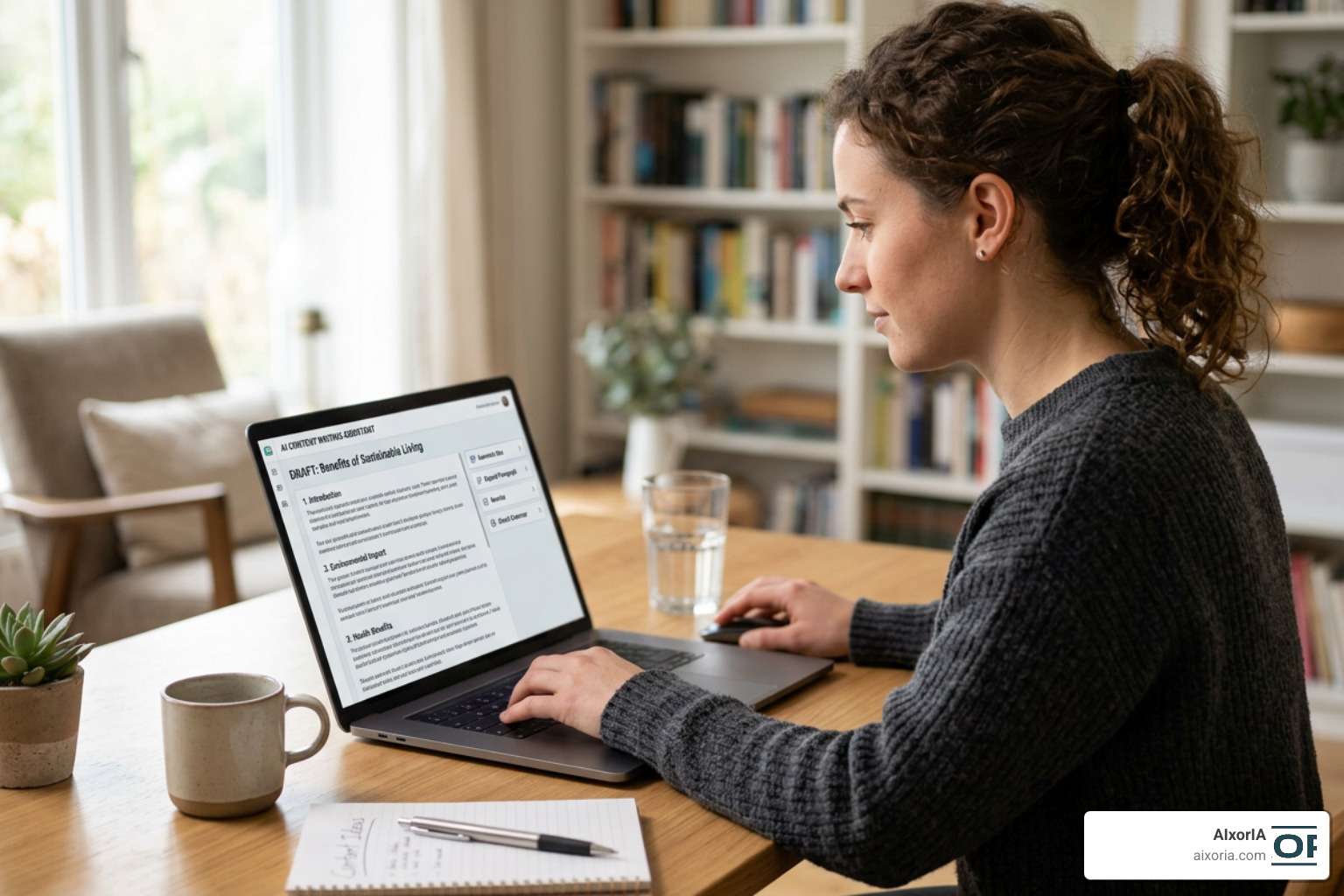 Editor reviewing digital copy on a screen alongside AI feedback tools