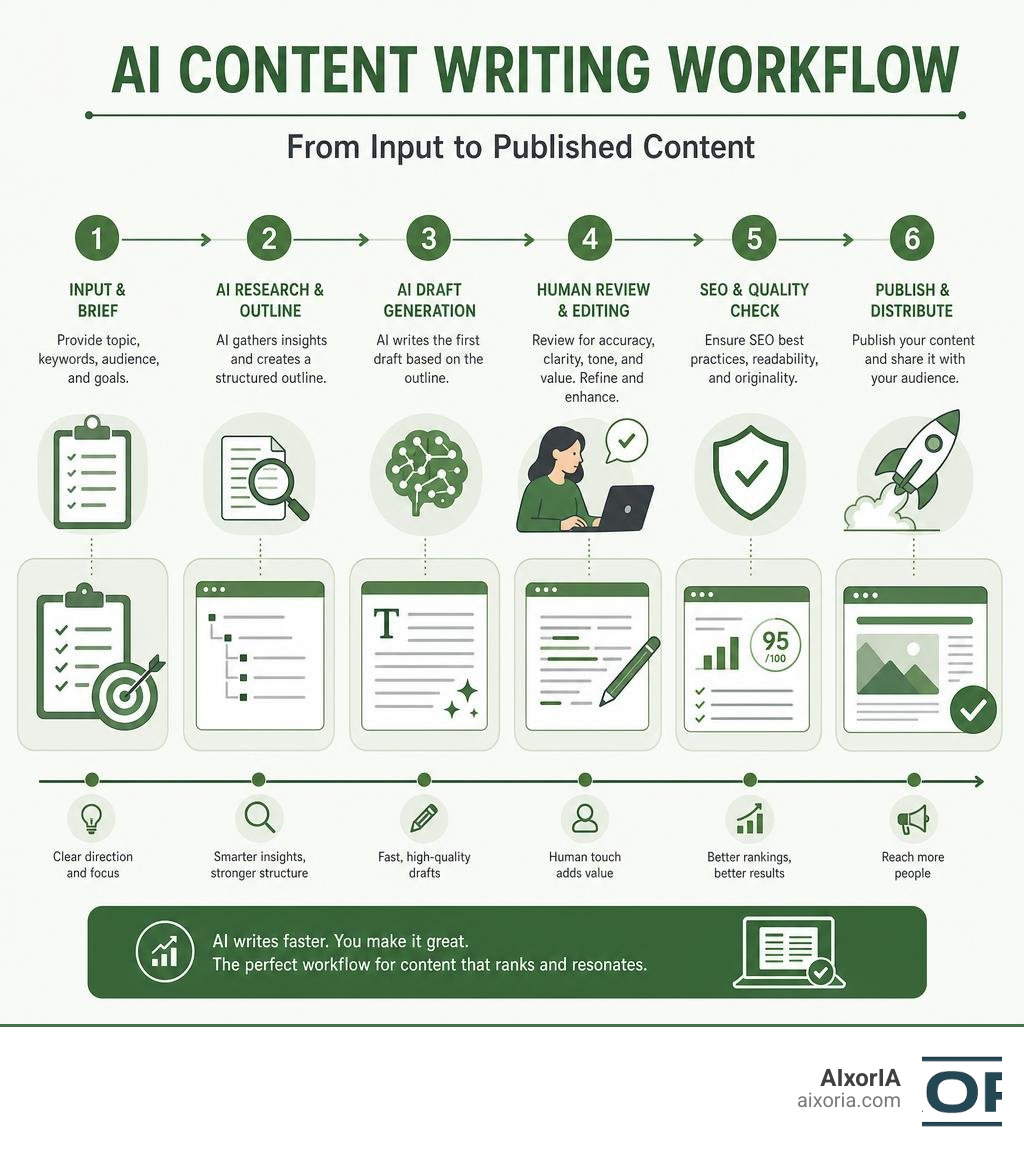 AI content writing workflow from input to published content infographic infographic