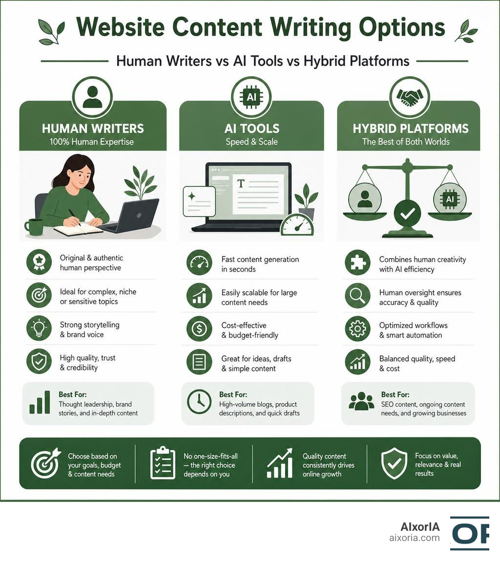 Comparison infographic of website content writing options: human writers vs AI tools vs hybrid platforms infographic