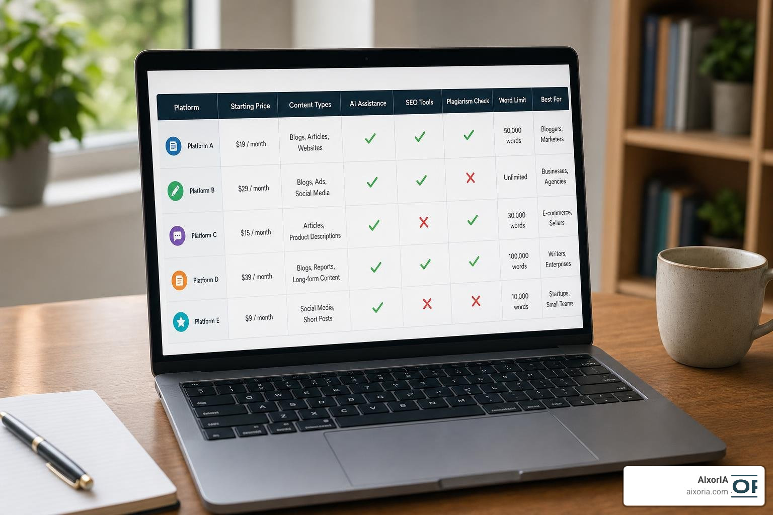 Evaluating content writing platforms based on features and pricing