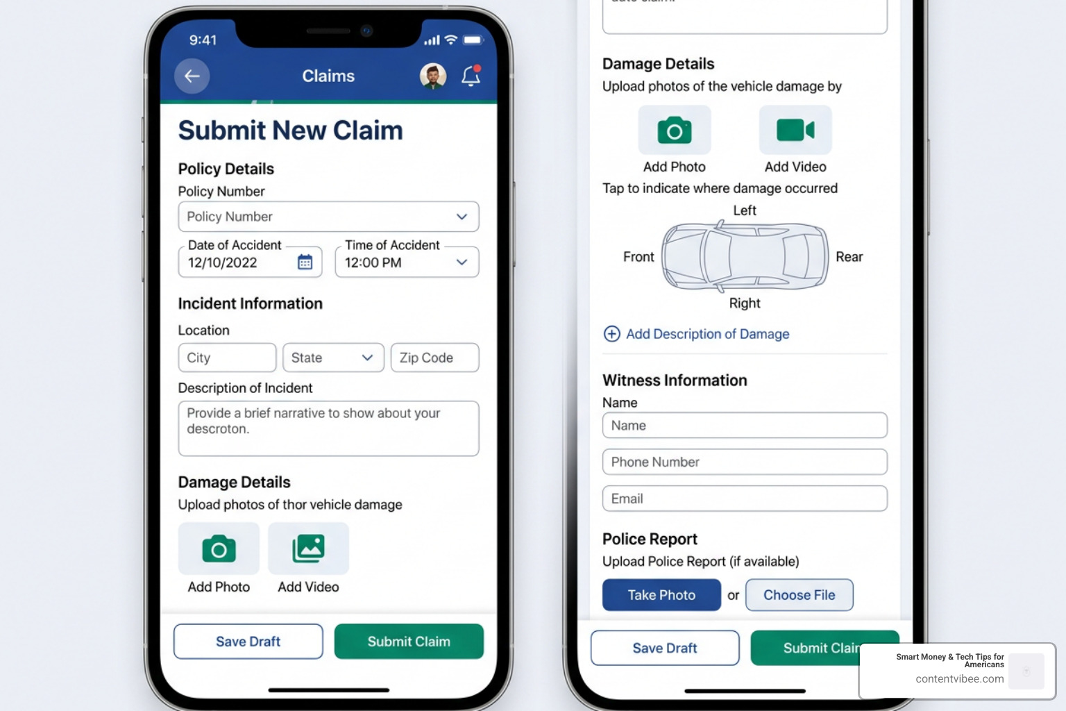 The General Insurance mobile app interface for submitting auto claims