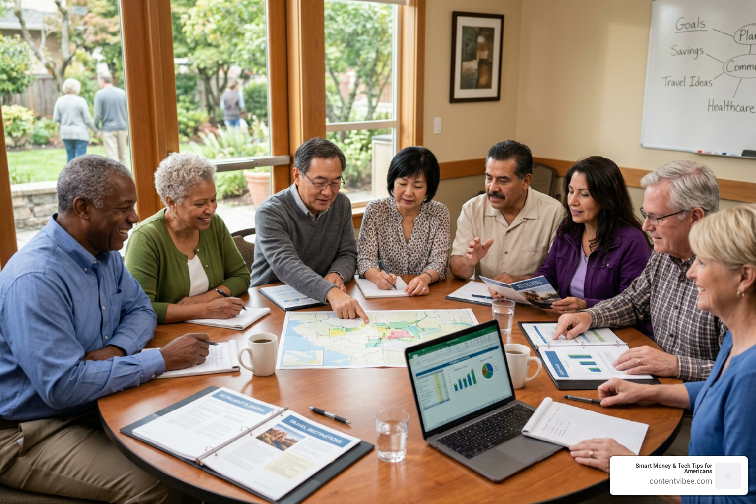 A diverse group of couples planning their retirement together A diverse group of couples planning their retirement together