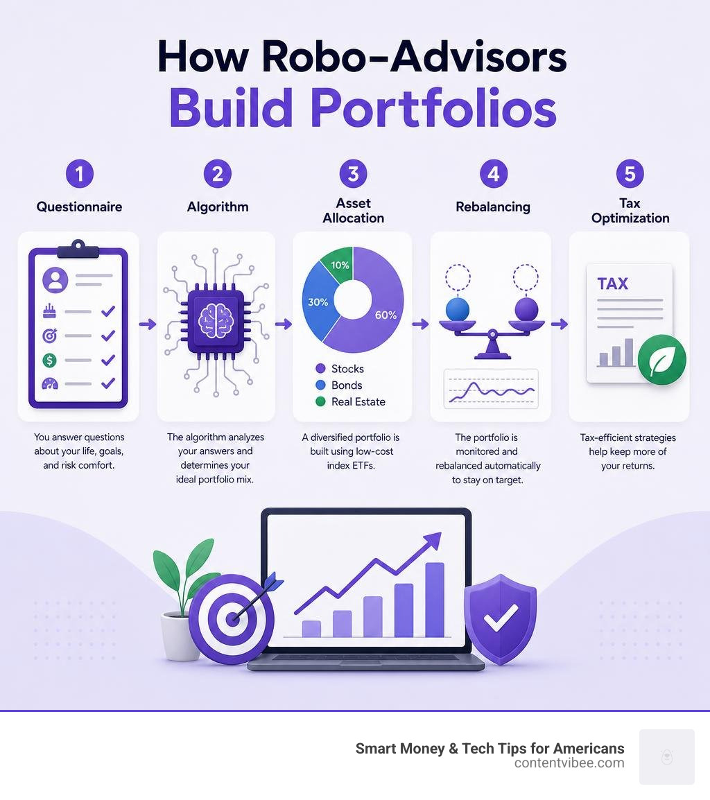 How robo-advisors build portfolios: questionnaire, algorithm, asset allocation, rebalancing, tax optimization infographic How robo-advisors build portfolios: questionnaire, algorithm, asset allocation, rebalancing, tax optimization infographic