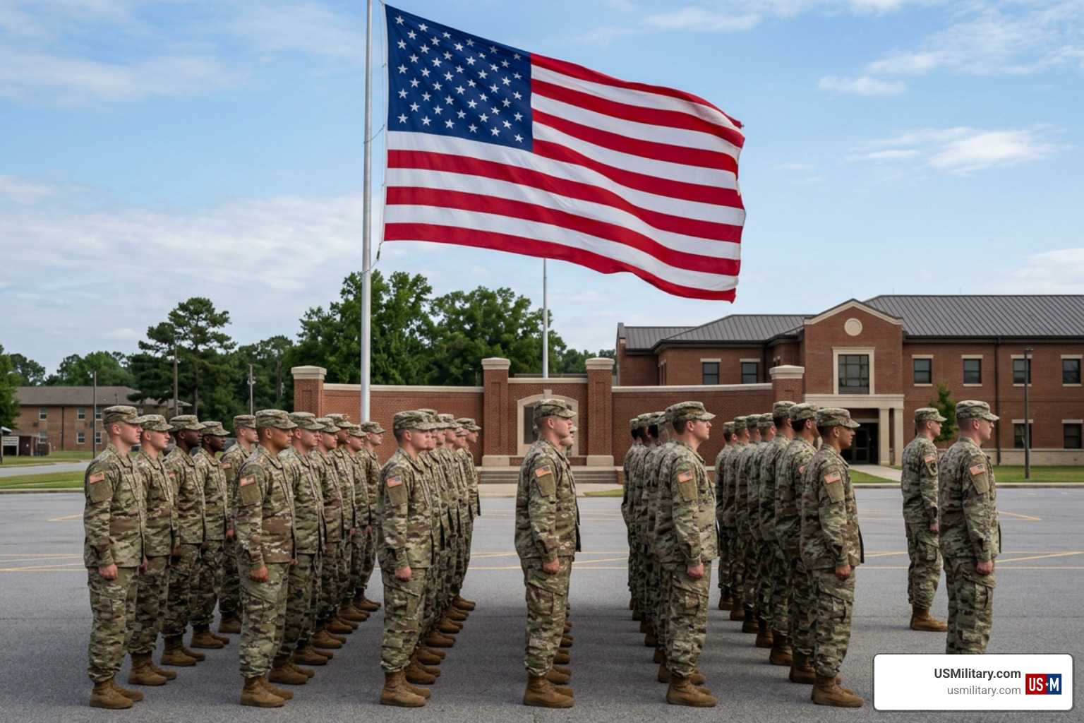 American soldiers standing in formation in front of large American flag