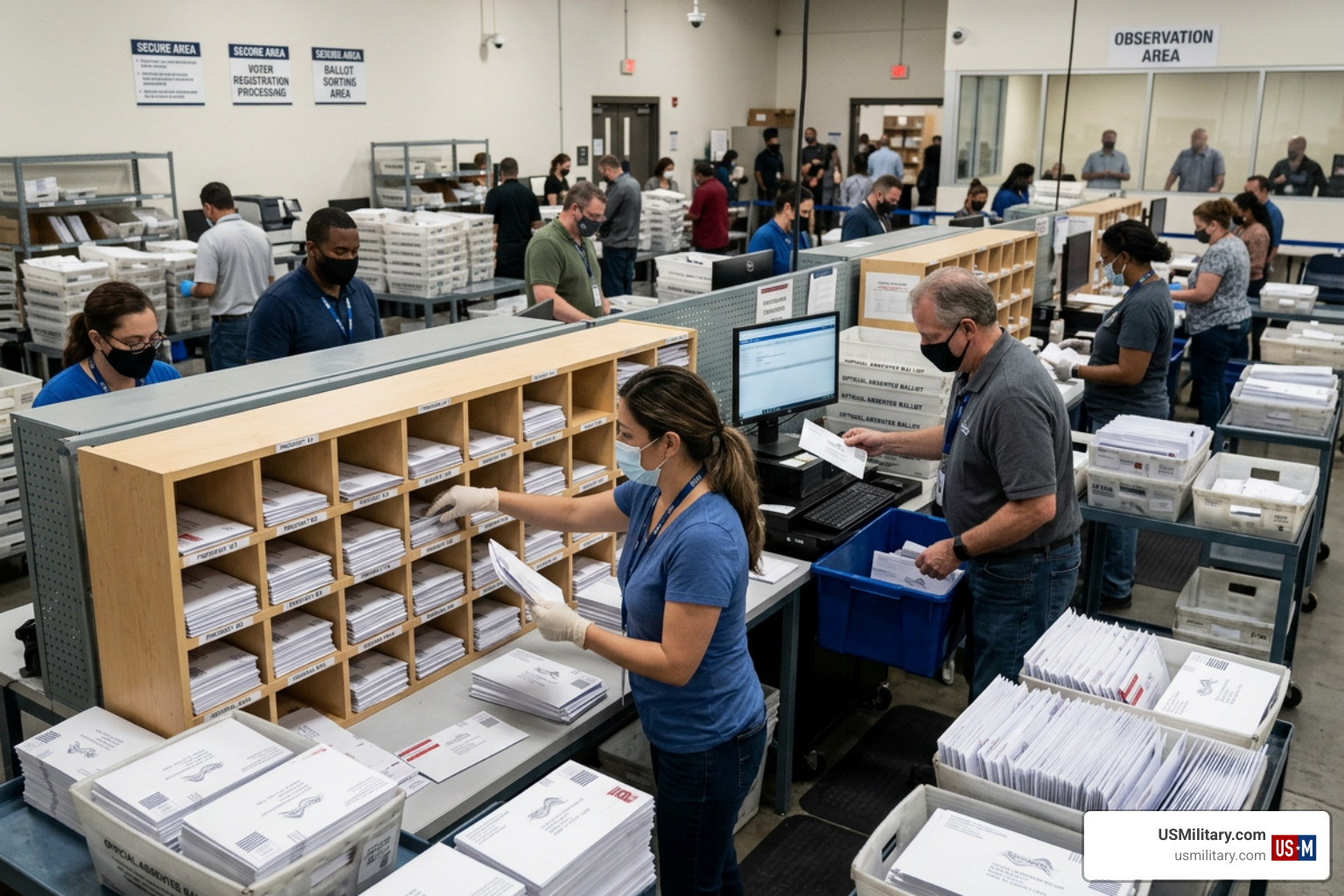 Mail-in envelopes being sorted in a secure election facility