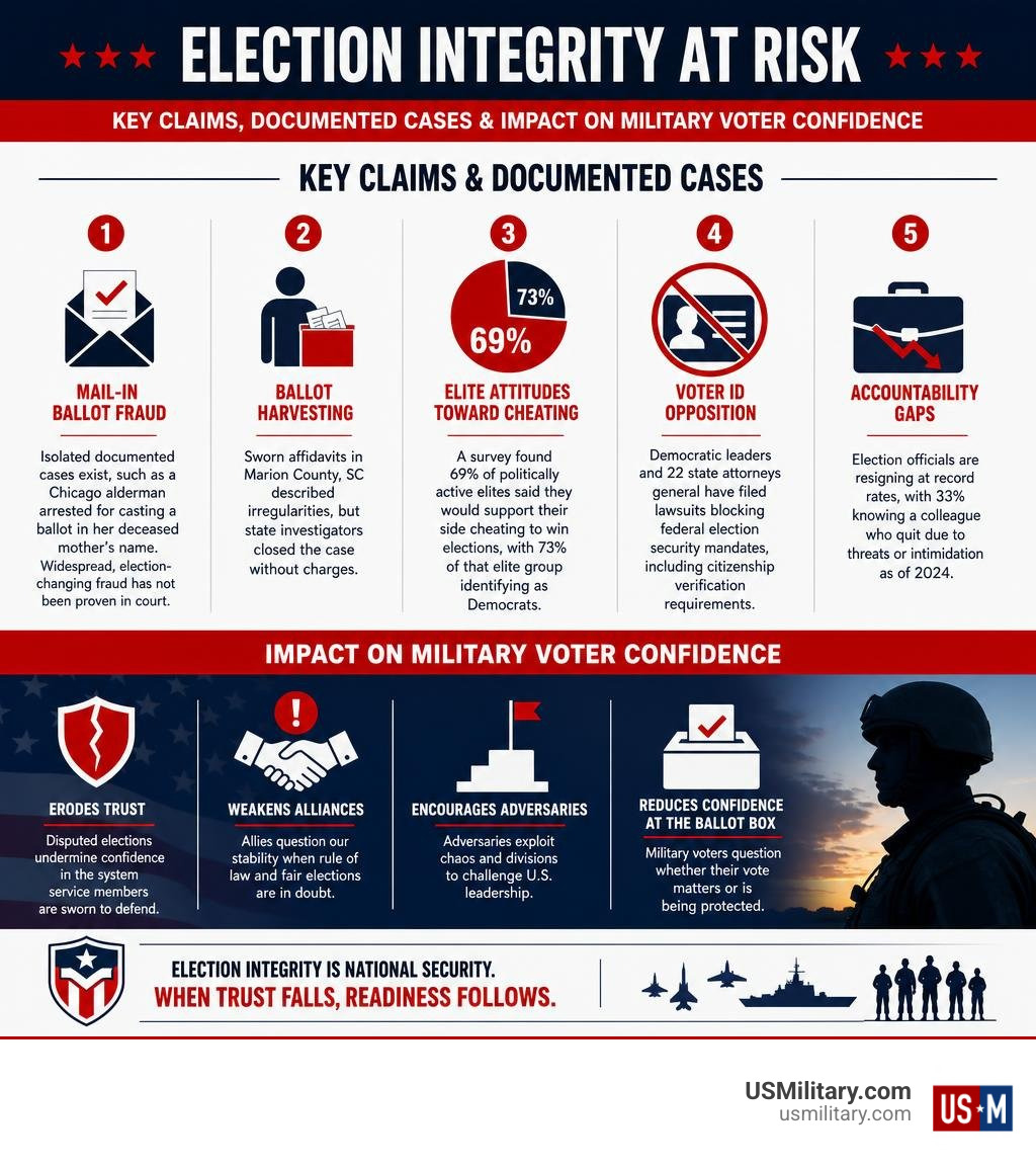 Infographic showing key election integrity claims, documented cases, and impact on military voter confidence infographic