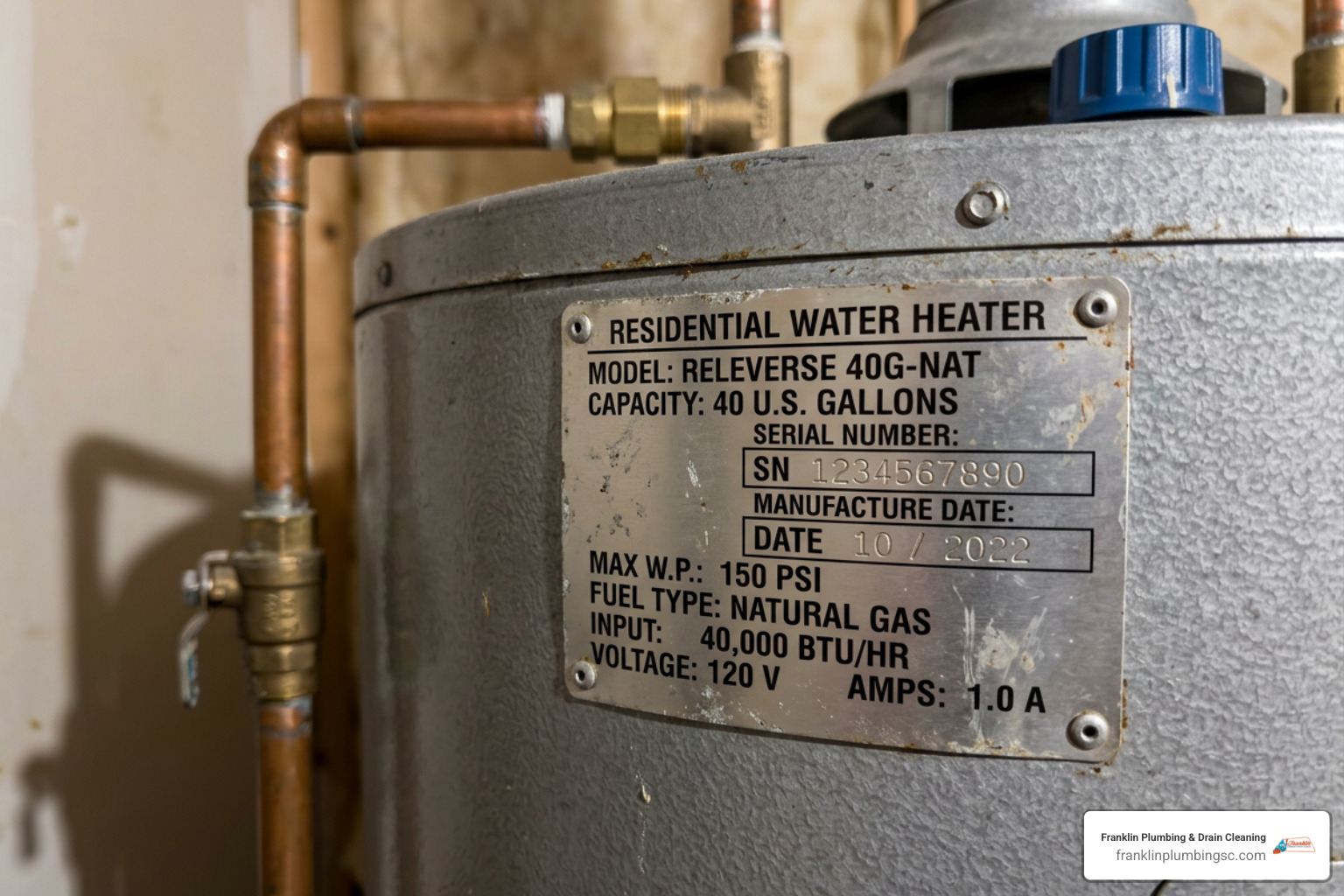 water heater data plate showing serial number