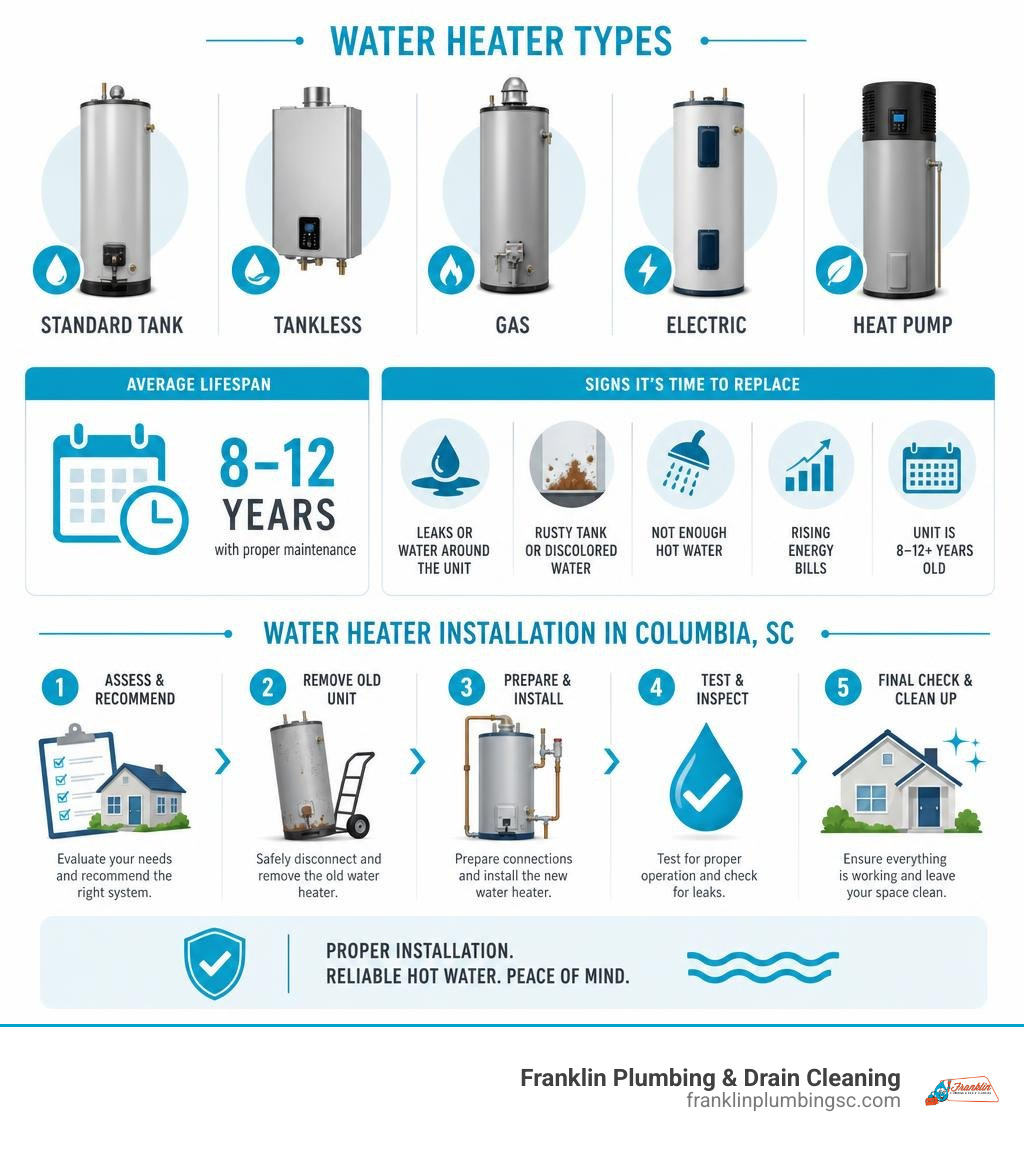 Infographic showing water heater types, average lifespan, replacement signs, and Columbia SC installation steps infographic Infographic showing water heater types, average lifespan, replacement signs, and Columbia SC installation steps infographic