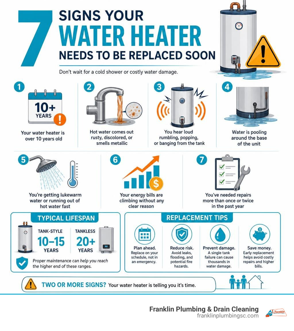 Infographic showing 7 warning signs of a failing water heater with lifespan and replacement tips infographic
