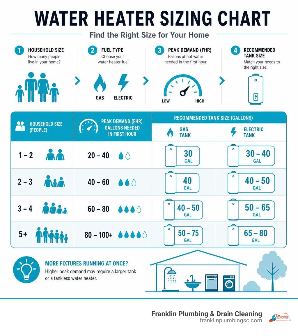 Infographic showing water heater sizing chart by household size, FHR, fuel type, and peak demand infographic
