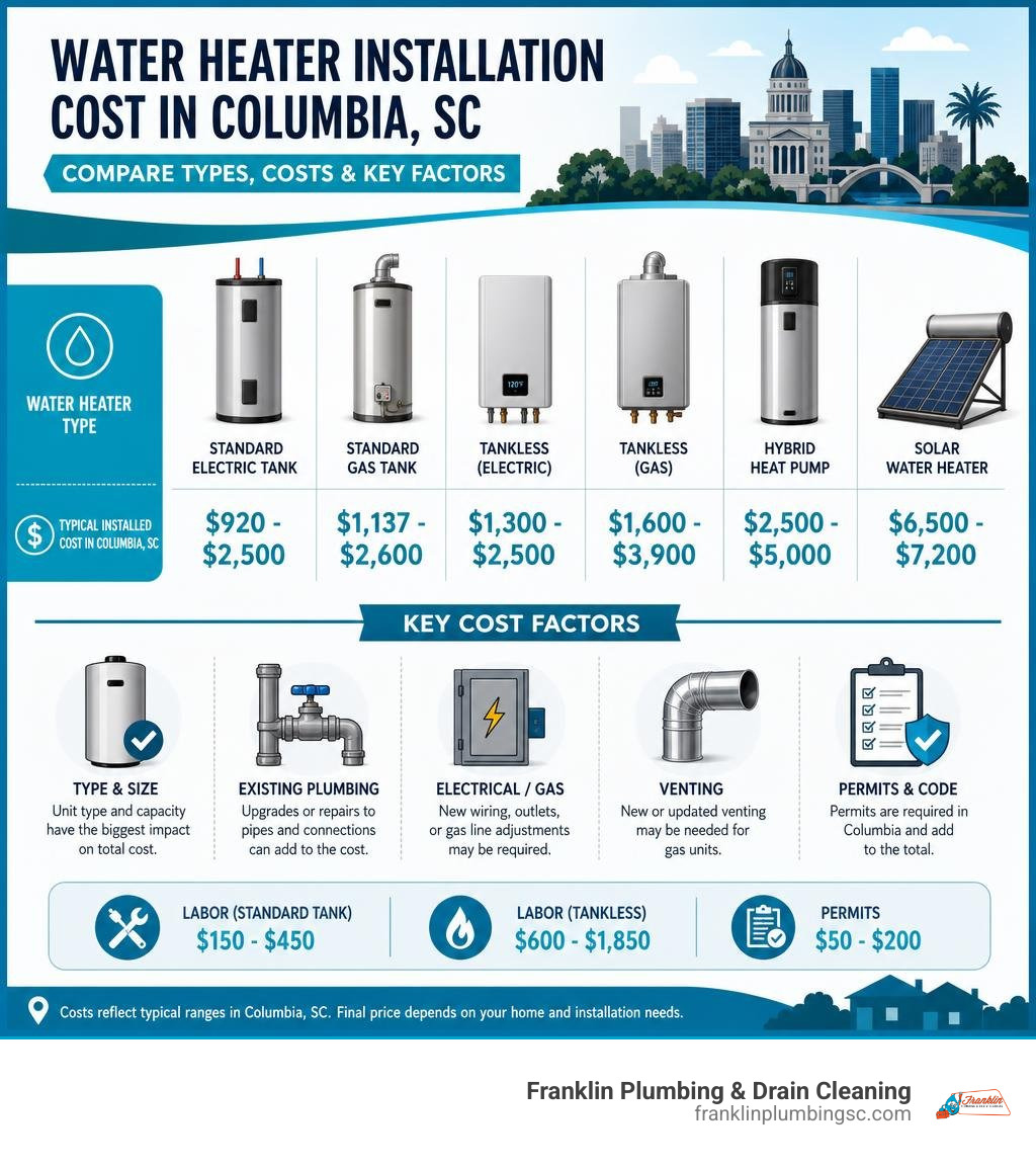 Infographic comparing water heater types, installed costs, and key cost factors for Columbia SC homeowners infographic