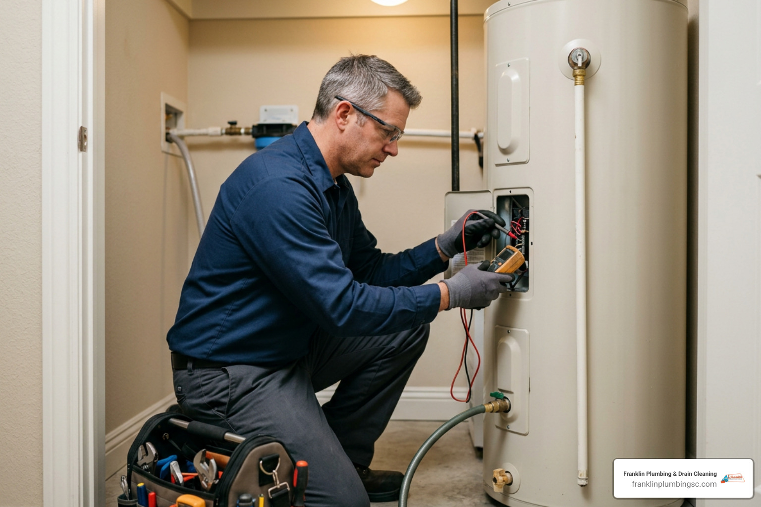 Professional plumber performing annual water heater maintenance