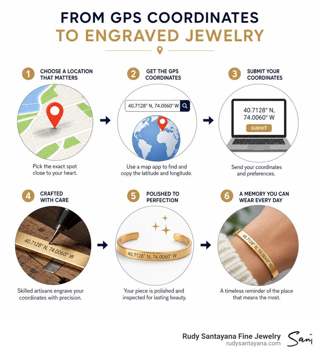 Infographic showing how GPS coordinates translate to jewelry engraving steps infographic Infographic showing how GPS coordinates translate to jewelry engraving steps infographic