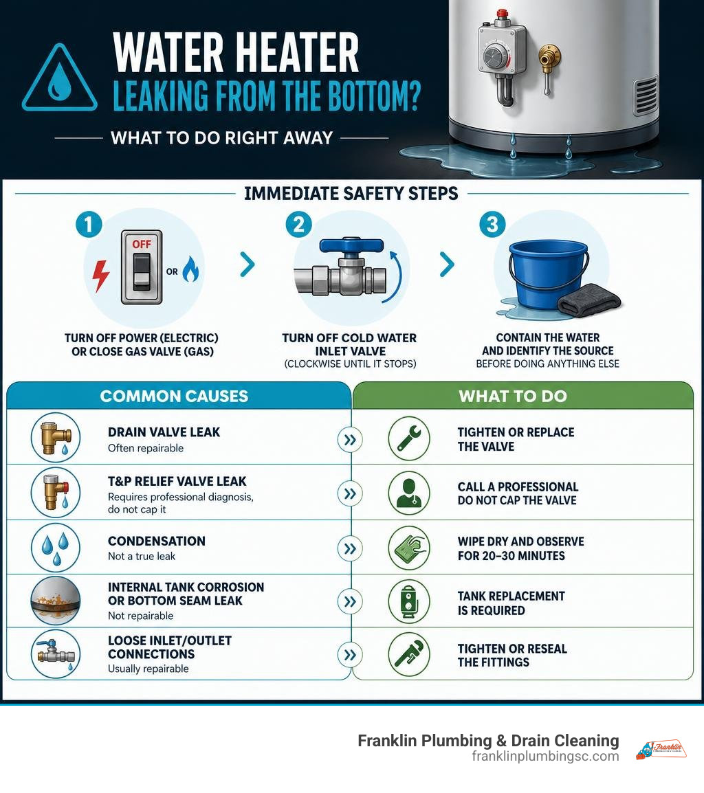 Immediate safety steps infographic for water heater leaking from bottom with causes and actions infographic