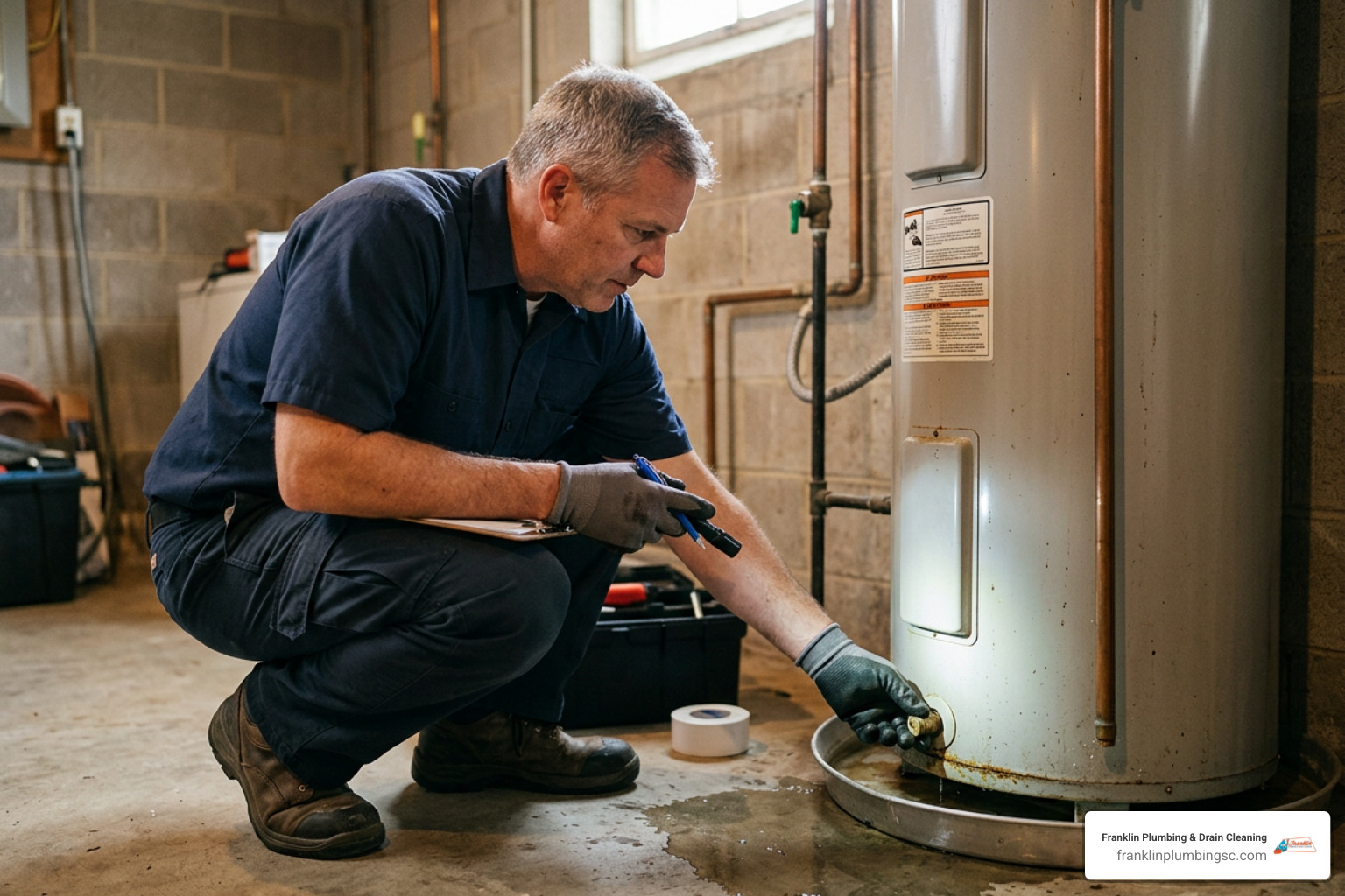 Professional plumber inspecting a leaking water heater base in Cayce SC
