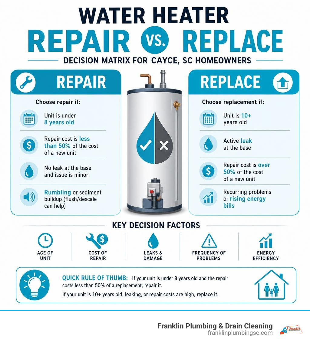Water heater repair vs replace decision matrix infographic for Cayce SC homeowners infographic
